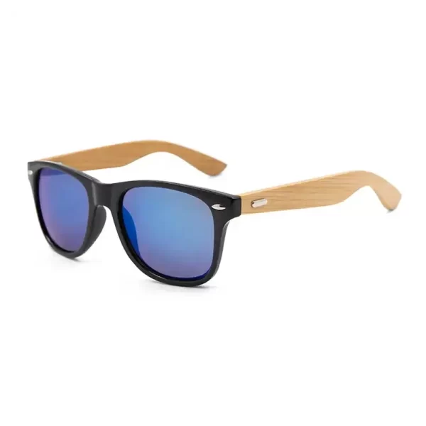 Retro Wooden Side Black Frame Blue Lens Sunglasses