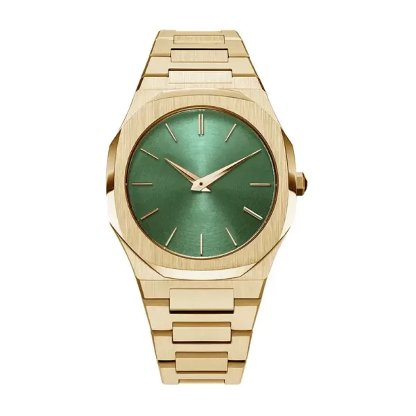 Waterproof Stainless Steel Green Dial Gold Strap Wrist Watch For Men