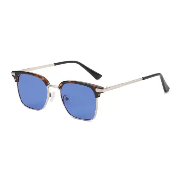 Classic Gender Neutral Square Shades Silver Brown Frame Blue Lens Sunglasses