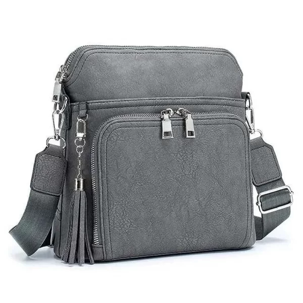 Soft Leather Women Grey Shoulder Handbag with Tassel