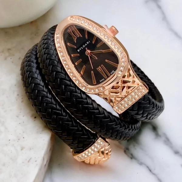 Stylish Snake Bracelet Diamond Black Wrist Watch For Woman