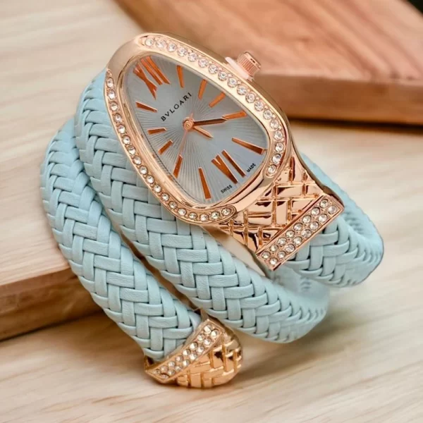 Stylish Snake Bracelet Diamond Blue Wrist Watch For Woman