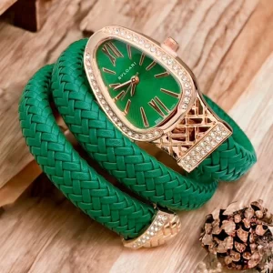 Stylish Snake Bracelet Diamond Green Wrist Watch For Woman