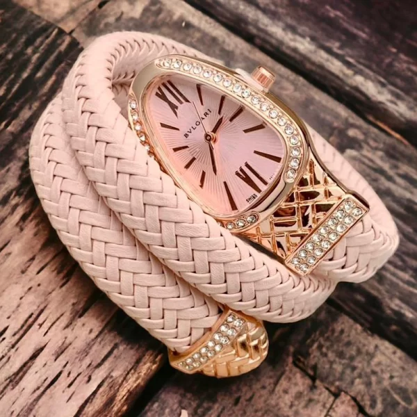 Stylish Snake Bracelet Diamond Pink Wrist Watch For Woman
