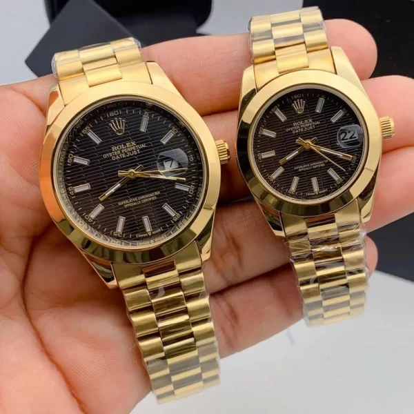 2024 Analog Round Black Dial Gold Strap Couple Copy Watches