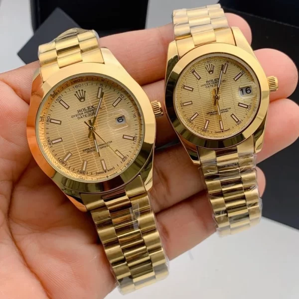 2024 Analog Round Gold Dial Gold Strap Couple Copy Watches