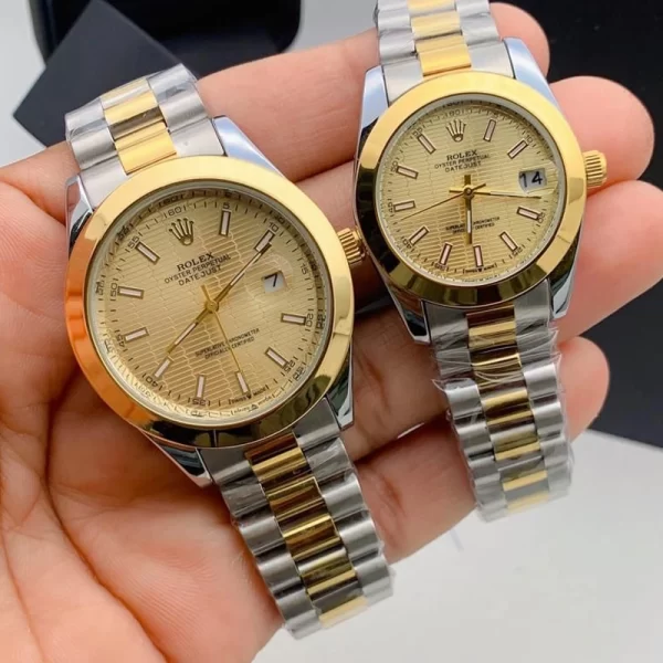 2024 Analog Round Gold Dial Silver Strap Couple Copy Watches