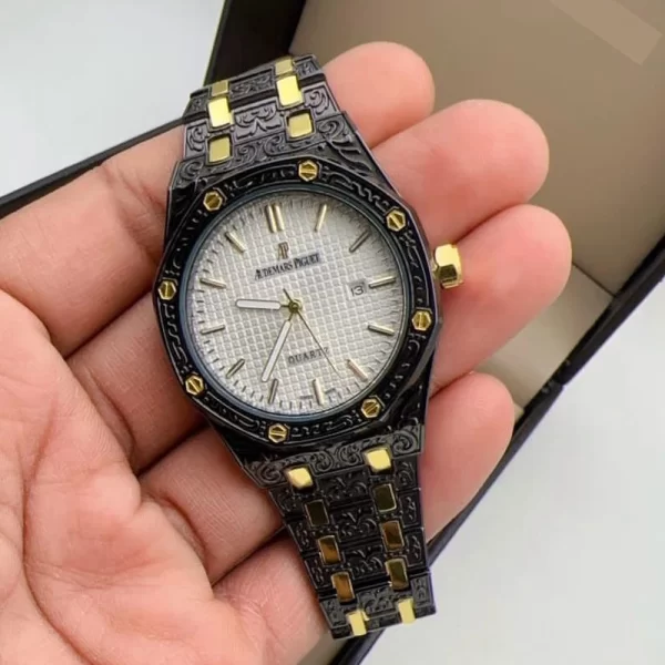 2024 Casual Men Copy White Dial Black Gold Strap Watch