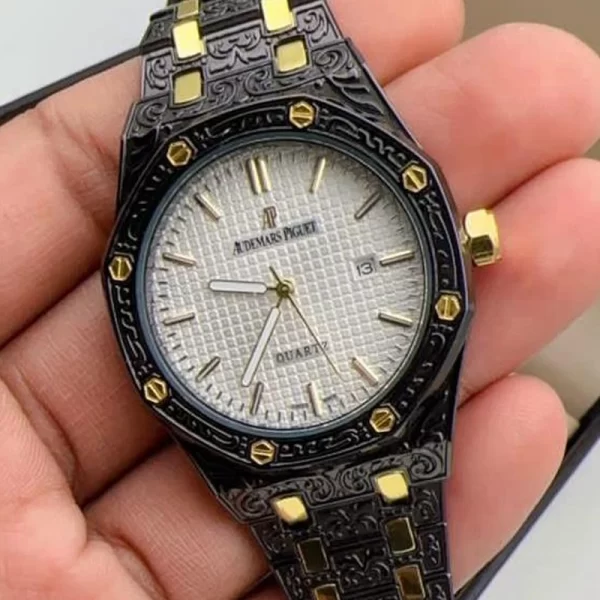 2024 Casual Men Copy White Dial Black Gold Strap Watch