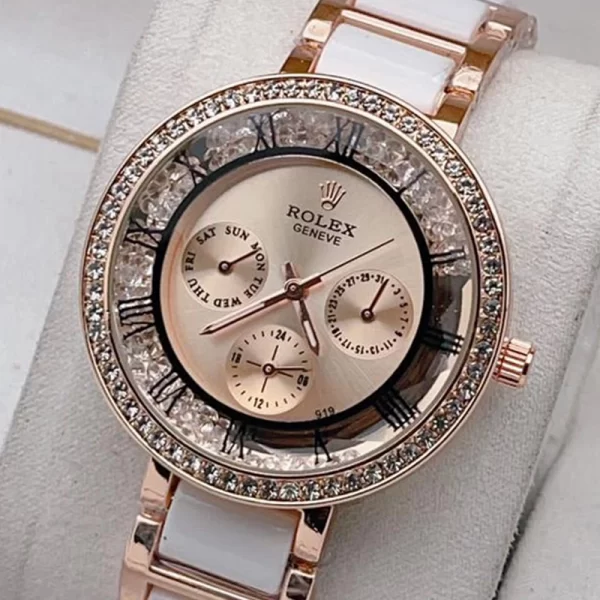 2024 Chronograph Diamond Rose Gold Dial White Strap Copy Watch For Women