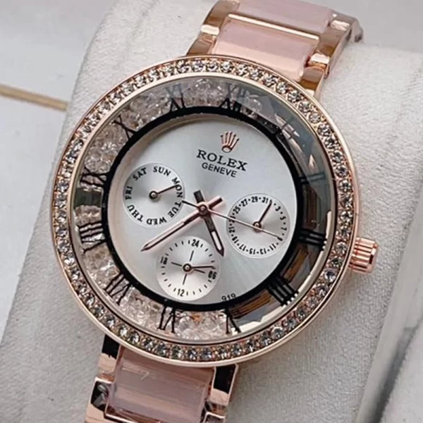 2024 Chronograph Diamond Silver Dial Rose Gold Strap Copy Watch For Women