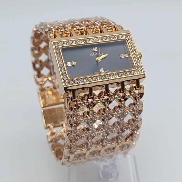 Analog Rectangle Black Dial Women Crystal Gold Strap Copy Watch