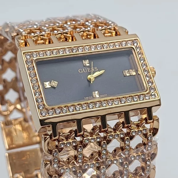 Analog Rectangle Black Dial Women Crystal Gold Strap Copy Watch
