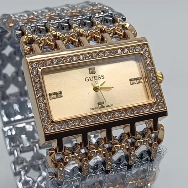 Analog Rectangle Gold Dial Women Crystal Silver Strap Copy Watch