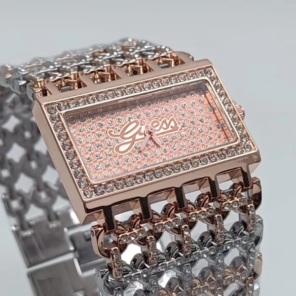 Analog Rectangle Rose Gold Dial Ladies Crystal Silver Strap Copy Watch