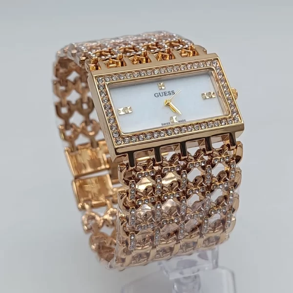 Analog Rectangle Silver Dial Women Crystal Gold Strap Copy Watch