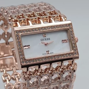 Analog Rectangle Silver Dial Women Crystal Rose Gold Strap Copy Watch