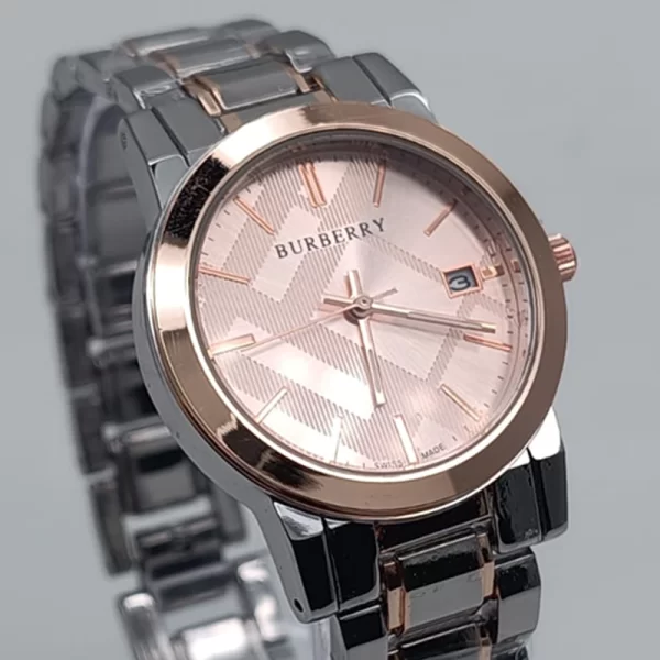 Check Stamp Rose Gold Dial Analog Silver Strap Watch For Women