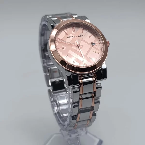 Check Stamp Rose Gold Dial Analog Silver Strap Watch For Women