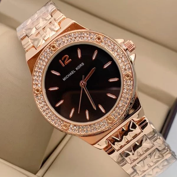 Diamond Studded Black Dial Rose Gold Strap Ladies Copy Watch