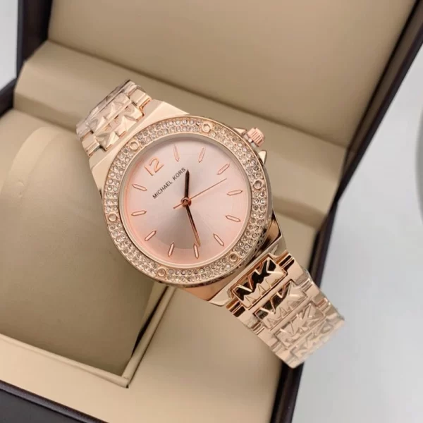 Diamond Studded Rose Gold Dial Rose Gold Strap Ladies Copy Watch