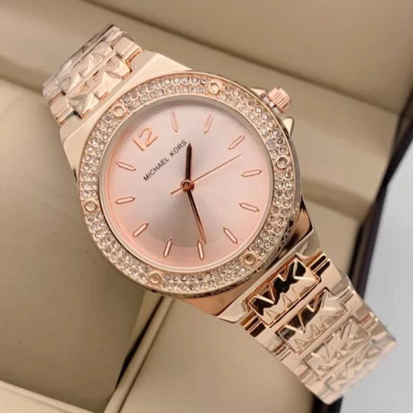 Diamond Studded Rose Gold Dial Rose Gold Strap Ladies Copy Watch