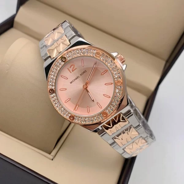 Diamond Studded Rose Gold Dial Silver Strap Ladies Copy Watch