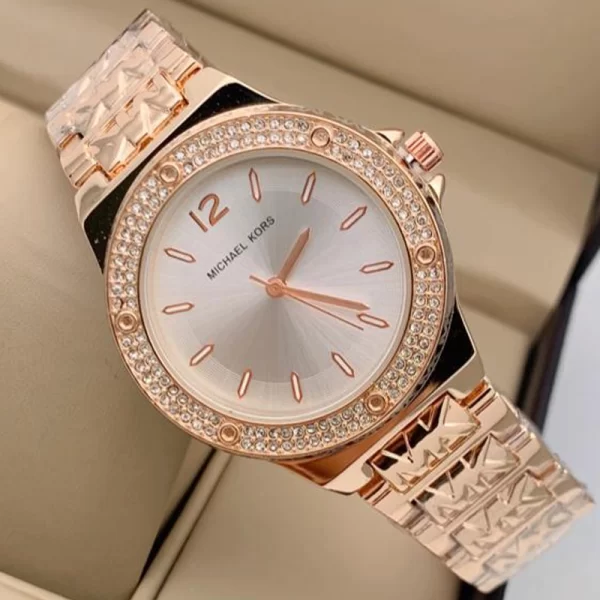 Diamond Studded Silver Dial Rose Gold Strap Ladies Copy Watch
