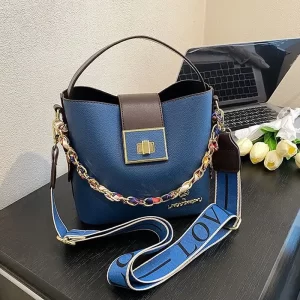 Soft Leather Women Blue Bucket Bag