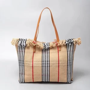 Tassel Embroidery Ladies Khaki Tote Handbag