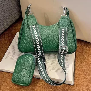 Woven Pattern Green Sling Handbag With Coin Pouch