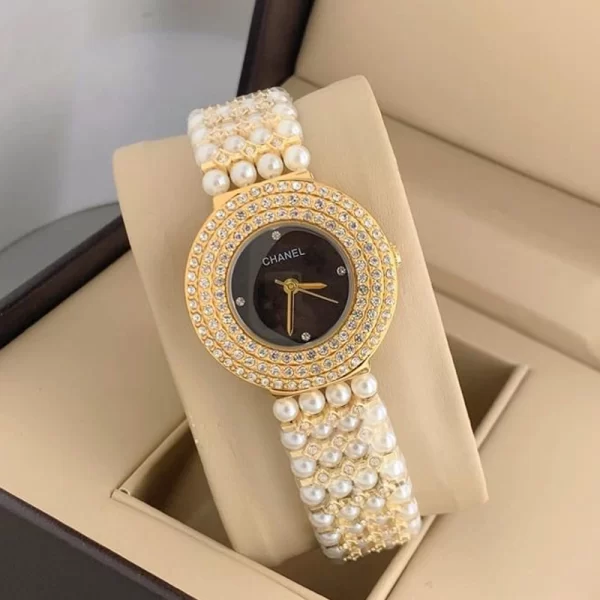 Diamond Studded First Copy Black Dial Gold Strap Watch For Ladies