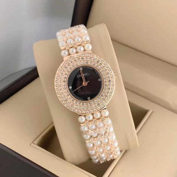 Diamond Studded First Copy Black Dial Rose Gold Strap Watch For Ladies