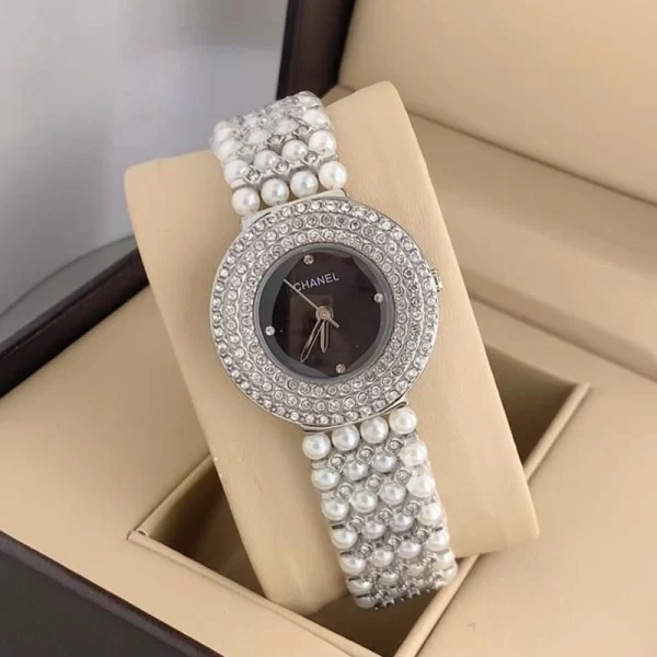 Diamond Studded First Copy Black Dial Silver Strap Watch For Ladies