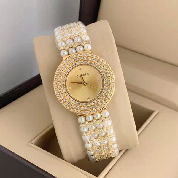 Diamond Studded First Copy Gold Dial Gold Strap Watch For Ladies