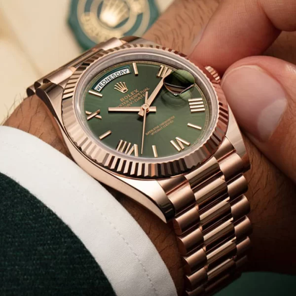 First Copy Day Date Dhoni Green Dial Rose Gold Strap Watch