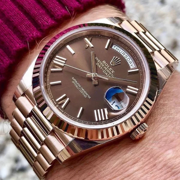 First Copy Day Date Fully Automatic Brown Dial Rose Gold Strap Watch