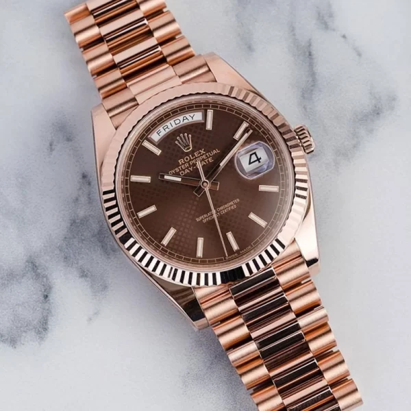 First Copy Day Date Fully Automatic Brown Dial Rose Gold Strap Watch