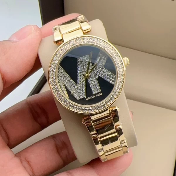 First Copy Diamond Studded Female Black Dial Gold Strap Watch