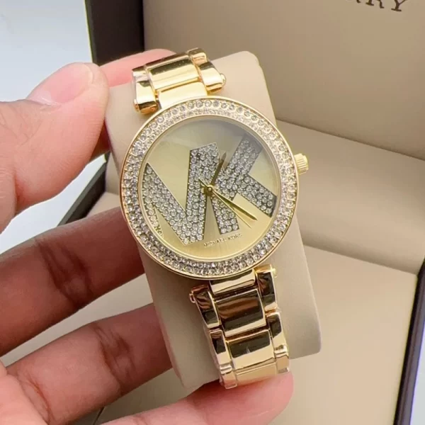 First Copy Diamond Studded Female Gold Dial Gold Strap Watch