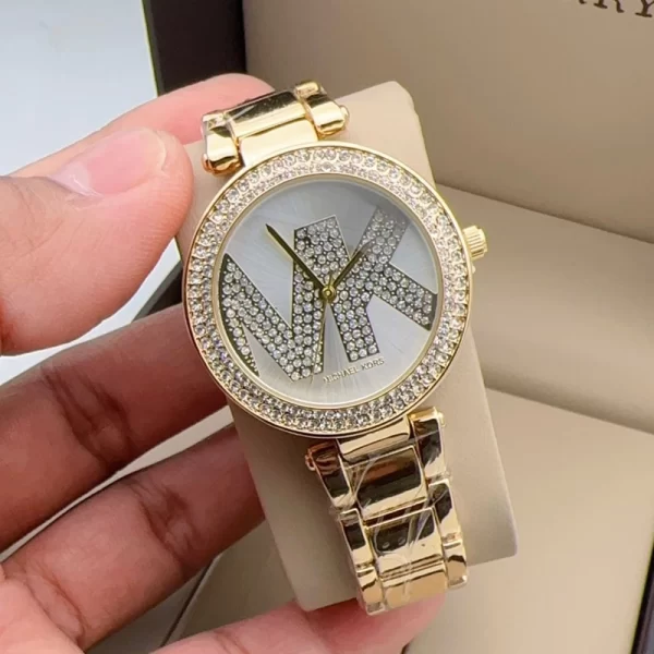 First Copy Diamond Studded Female Silver Dial Gold Strap Watch