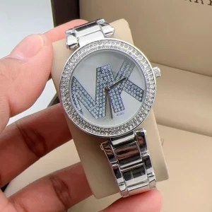 First Copy Diamond Studded Female Silver Dial Sliver Strap Watch