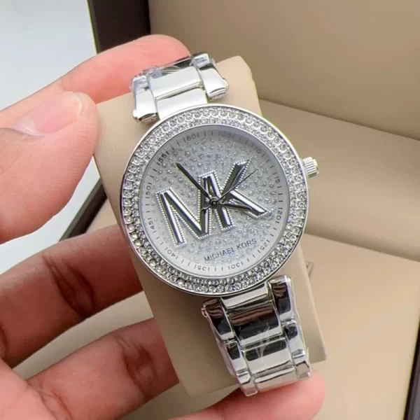 First Copy Diamond Studded Silver Dial Silver Strap Watch For Girls