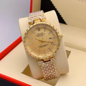 First Copy Diamond Studded Women Gold Dial Gold Strap Watch