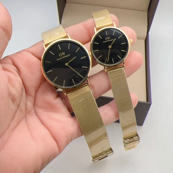 First Copy DW His Her Combo Black Dial Gold Strap Watches