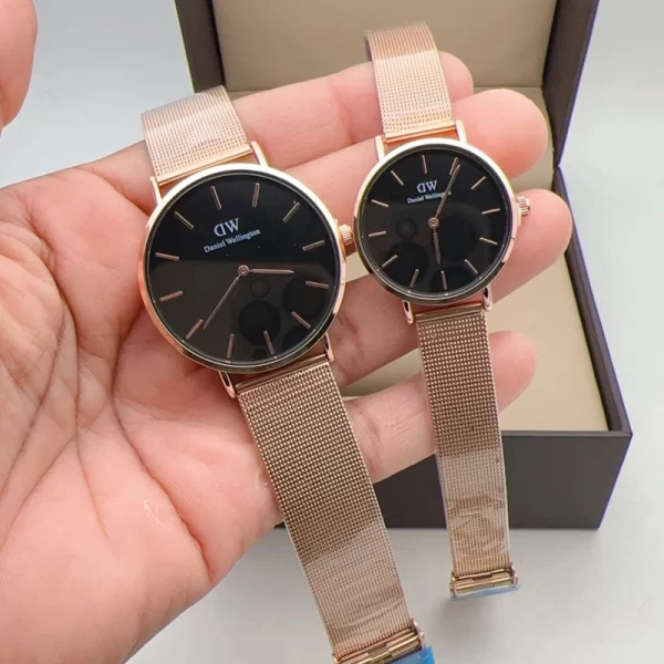 First Copy DW His Her Combo Black Dial Rose Gold Strap Watches