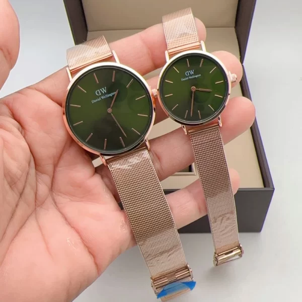 First Copy DW His Her Combo Green Dial Rose Gold Strap Watches