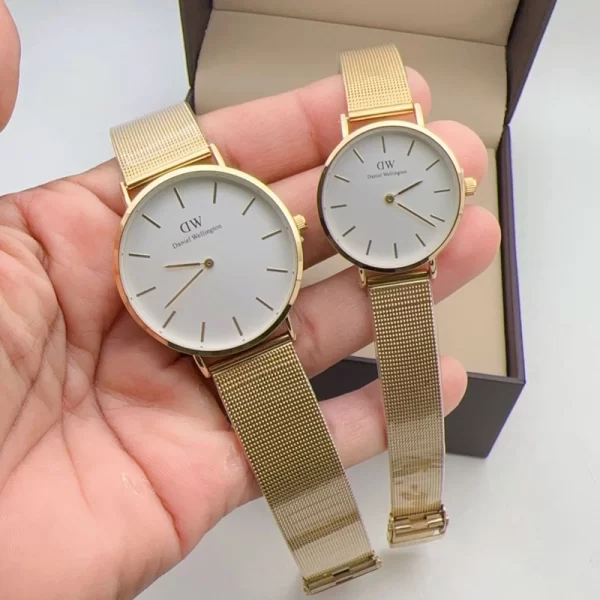 First Copy DW His Her Combo Silver Dial Gold Strap Watches