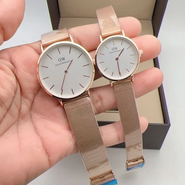 First Copy DW His Her Combo Silver Dial Rose Gold Strap Watches