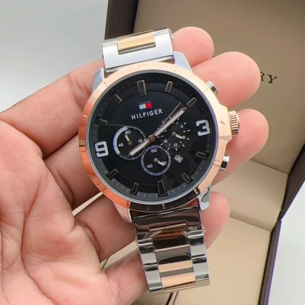 First Copy Men Chronograph Black Dial Silver Rose Gold Strap Watch